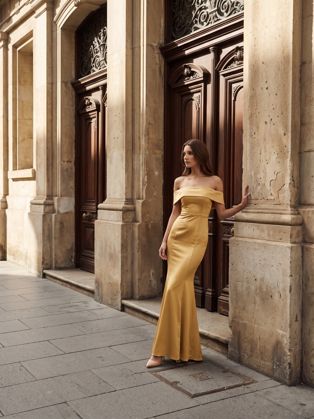 Gold Satin Trumpet Off-the-Shoulder Floor-Length Bridesmaid Dress