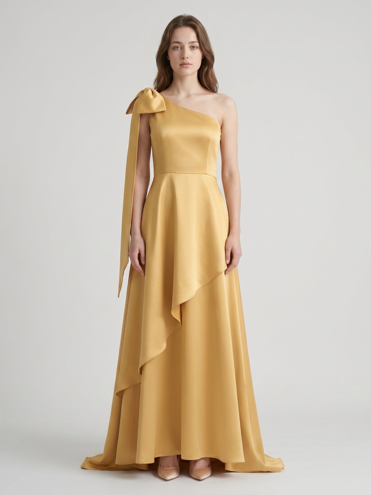 Gold Satin Trumpet Sweetheart Back-Zip Floor-Length Bridesmaid Dress with Bow