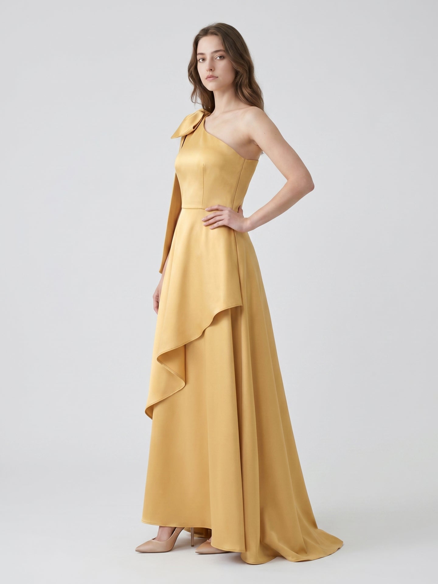 Gold Satin Trumpet Sweetheart Back-Zip Floor-Length Bridesmaid Dress with Bow