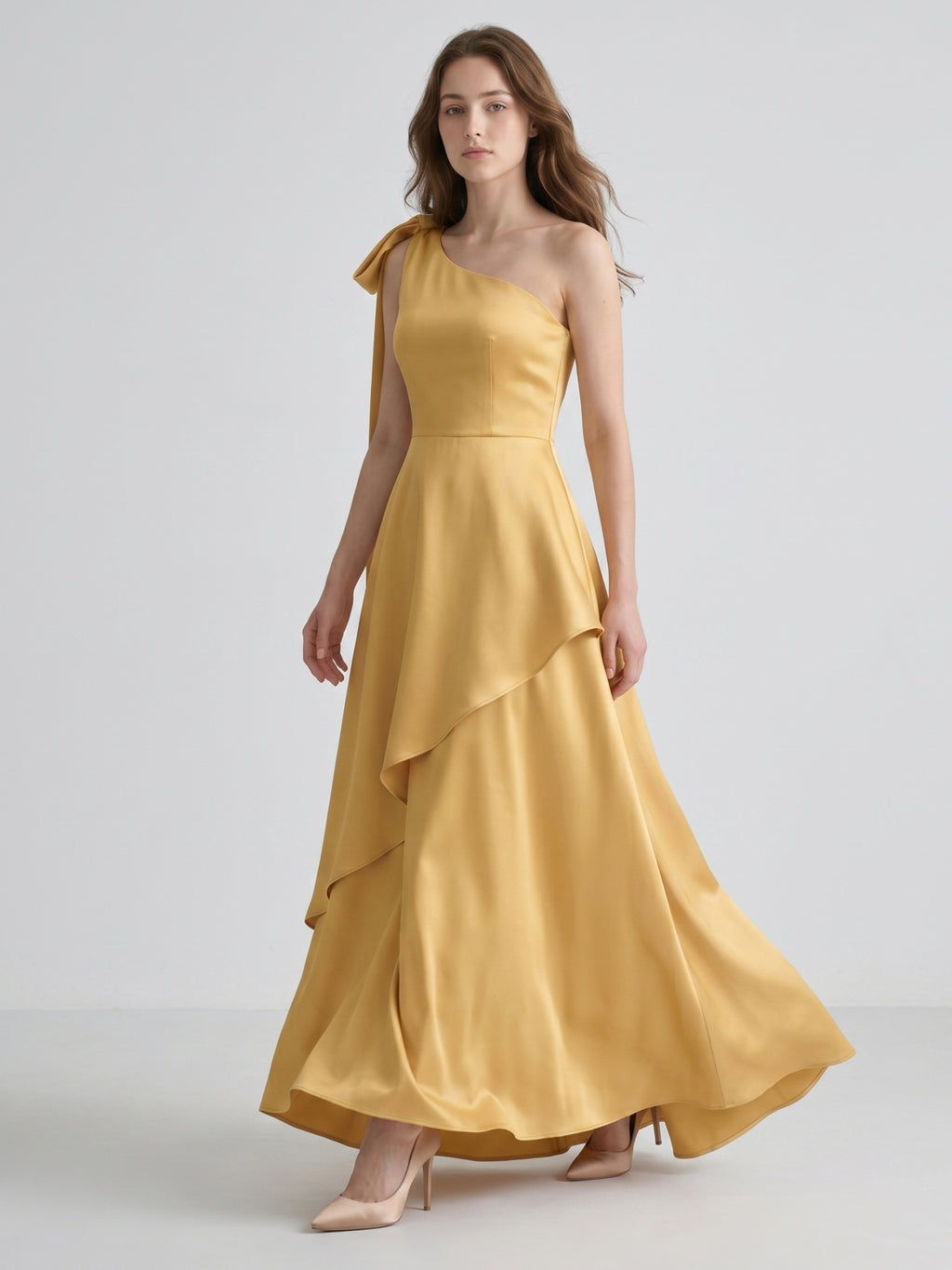 Gold Satin Trumpet Sweetheart Back-Zip Floor-Length Bridesmaid Dress with Bow