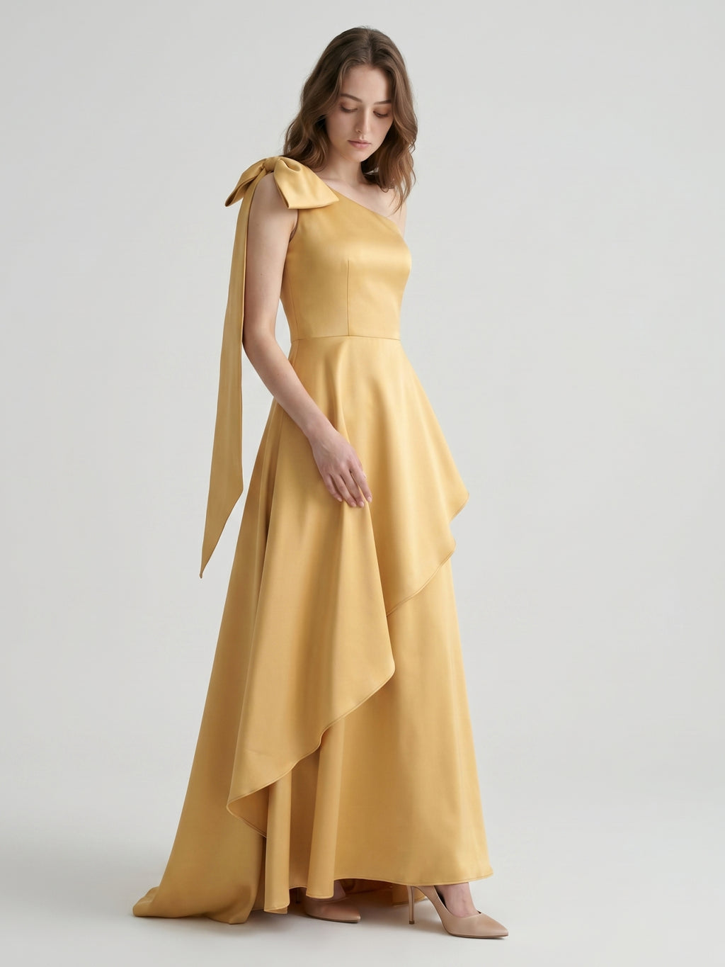 Gold Satin Trumpet Sweetheart Back-Zip Floor-Length Bridesmaid Dress with Bow