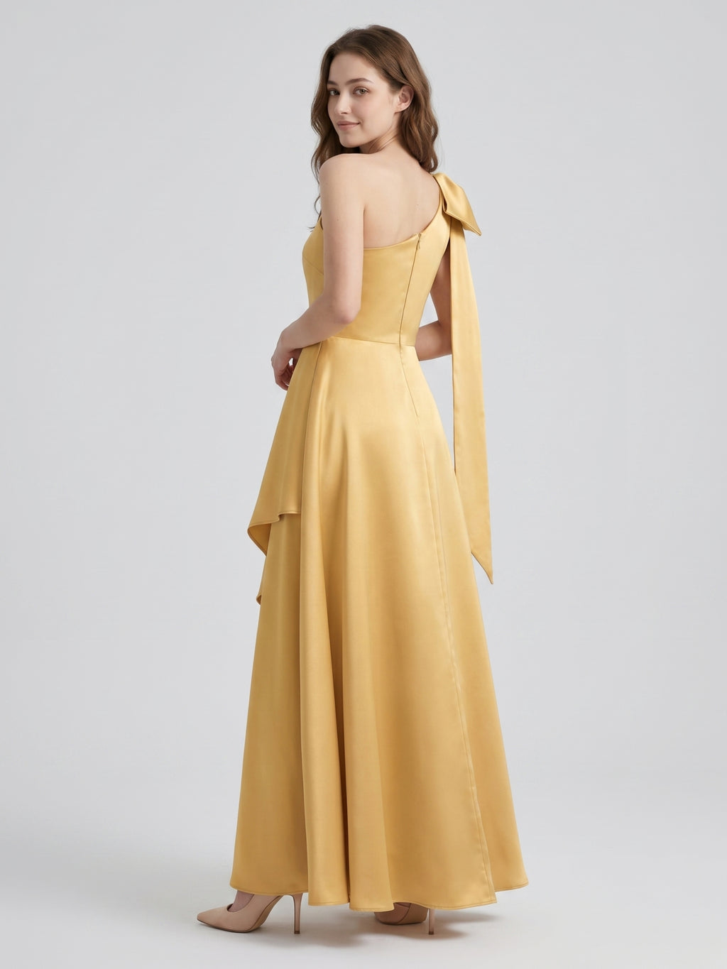 Gold Satin Trumpet Sweetheart Back-Zip Floor-Length Bridesmaid Dress with Bow