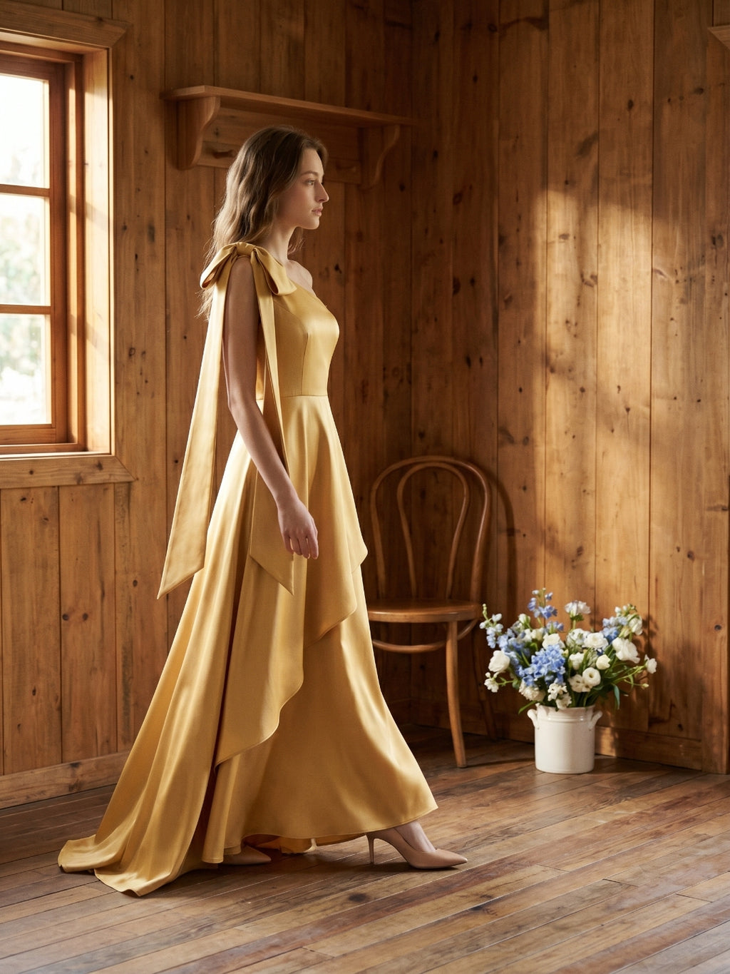 Gold Satin Trumpet Sweetheart Back-Zip Floor-Length Bridesmaid Dress with Bow