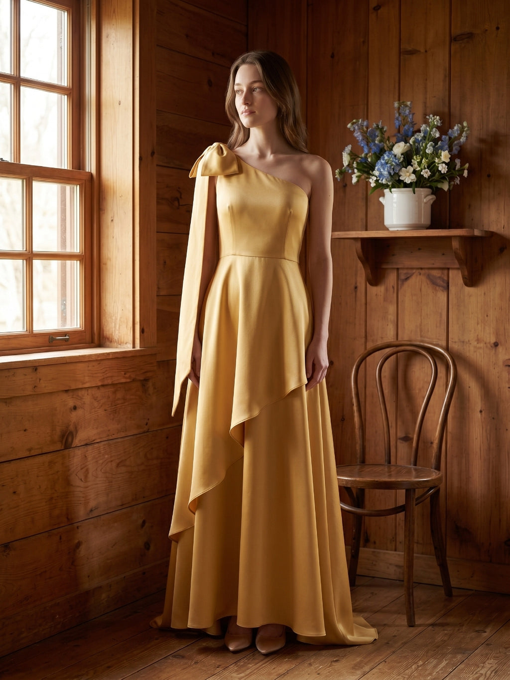 Gold Satin Trumpet Sweetheart Back-Zip Floor-Length Bridesmaid Dress with Bow