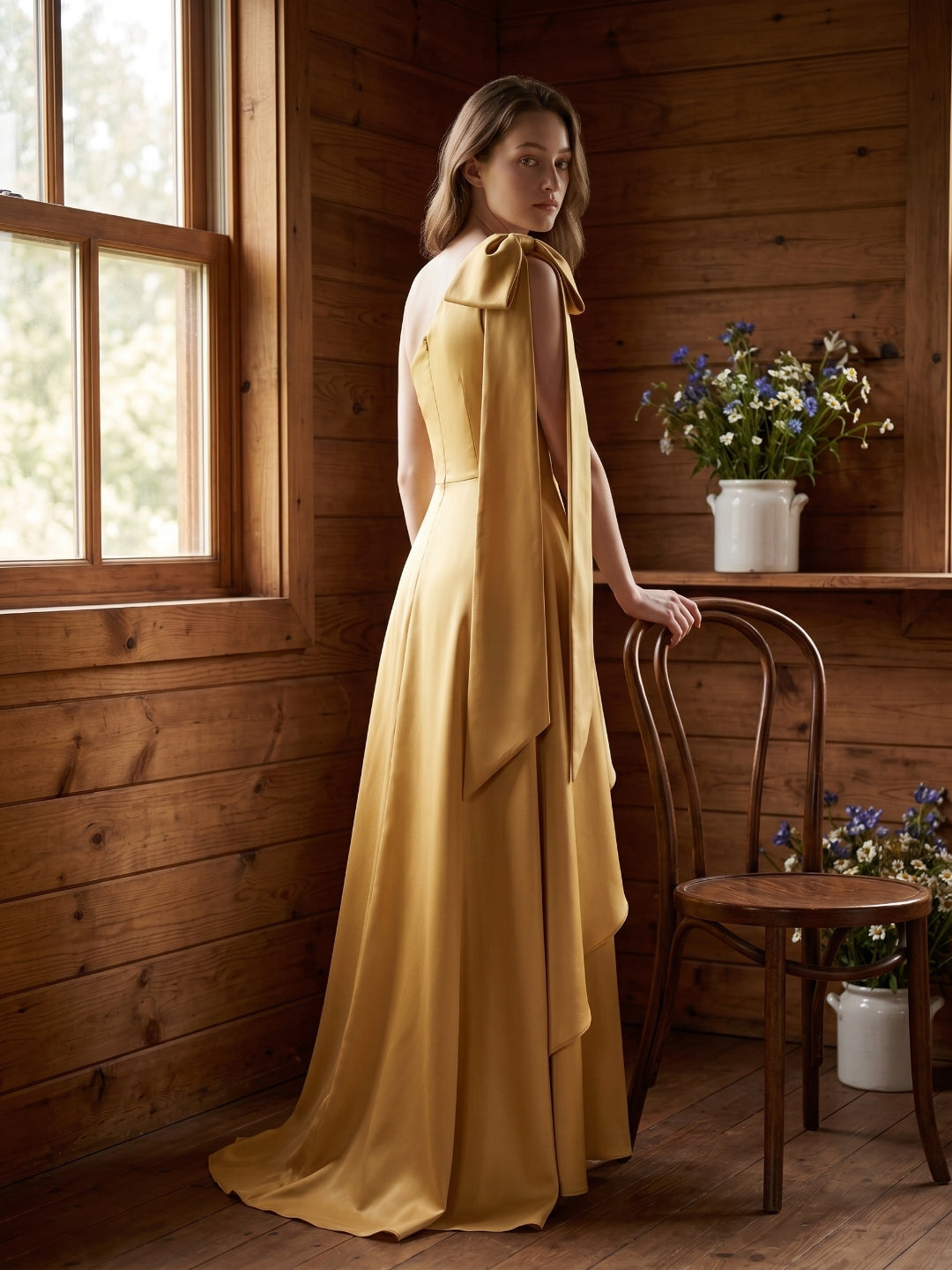 Gold Satin Trumpet Sweetheart Back-Zip Floor-Length Bridesmaid Dress with Bow