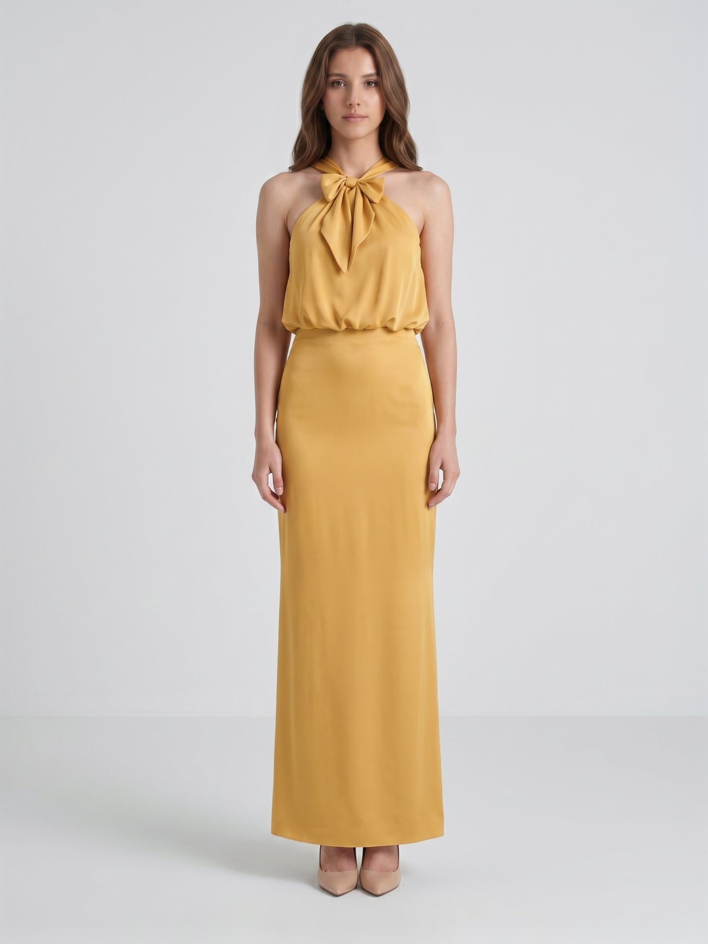 Gold Satin column Halter Floor-Length Bridesmaid Dress with Bow