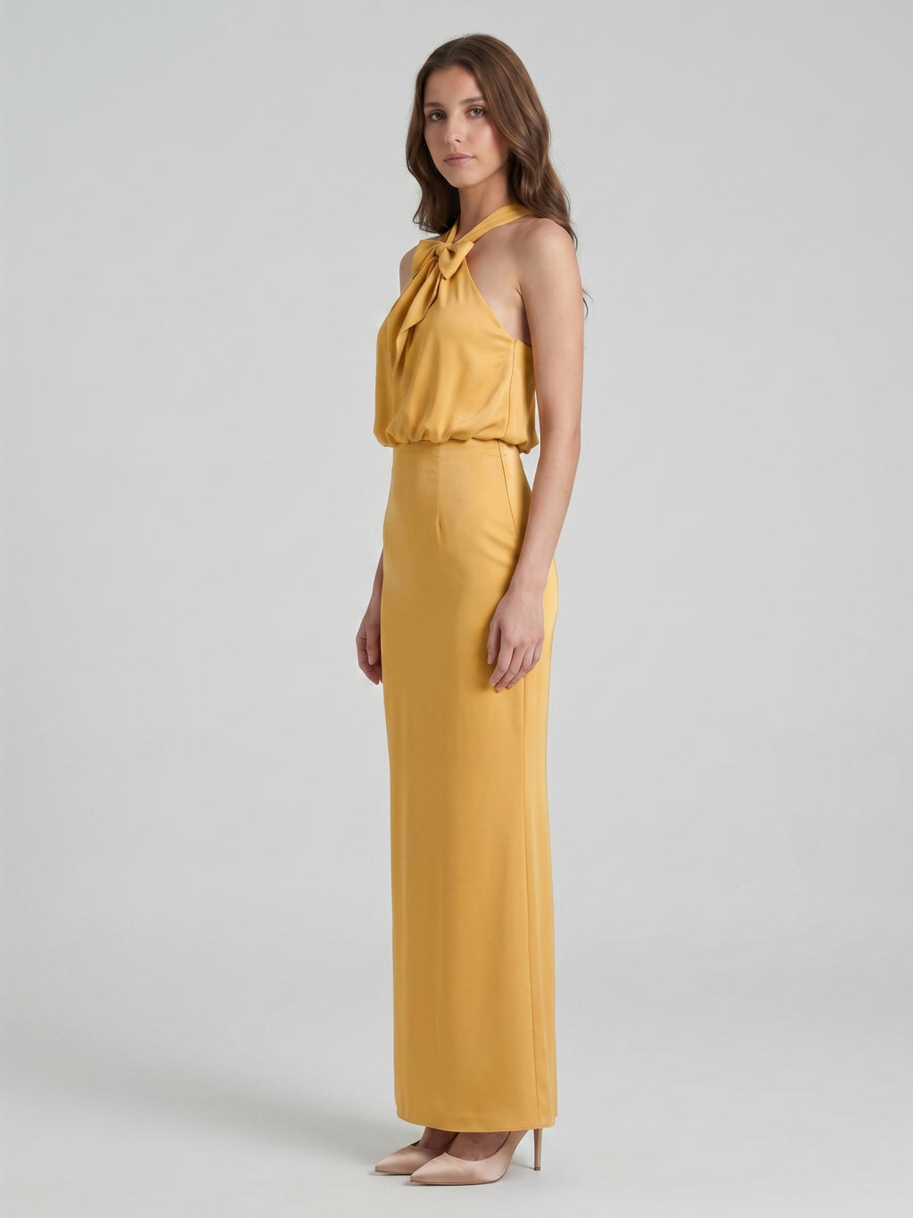 Gold Satin column Halter Floor-Length Bridesmaid Dress with Bow