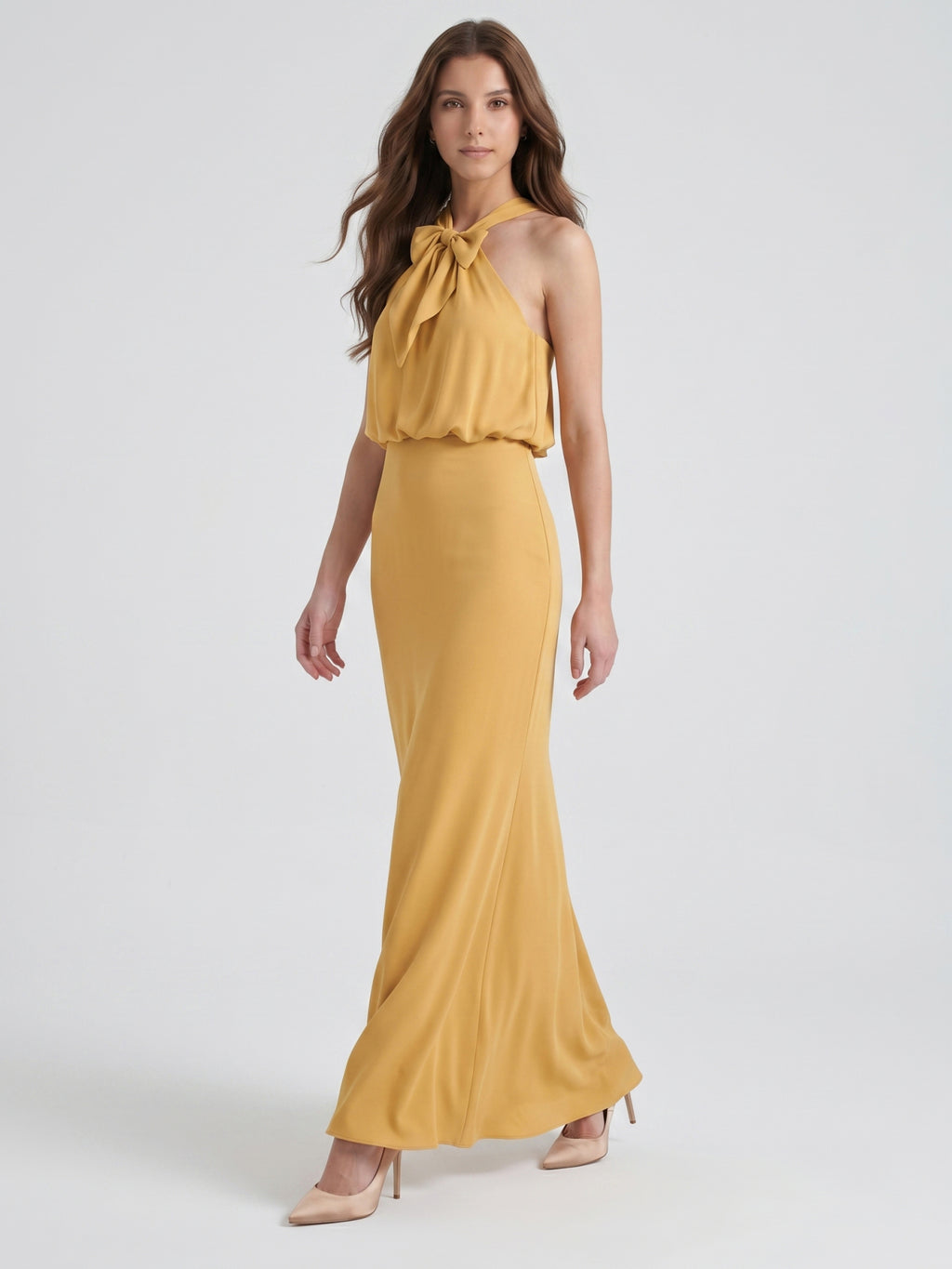 Gold Satin column Halter Floor-Length Bridesmaid Dress with Bow