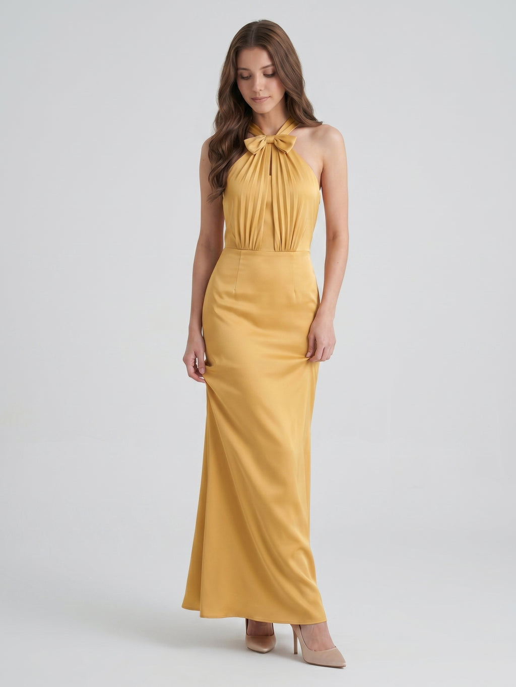 Gold Satin column Halter Floor-Length Bridesmaid Dress with Bow