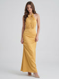 Gold Satin column Halter Floor-Length Bridesmaid Dress with Bow