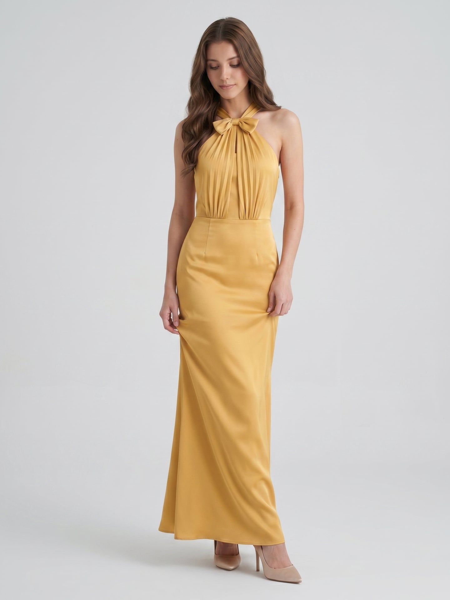 Gold Satin column Halter Floor-Length Bridesmaid Dress with Bow