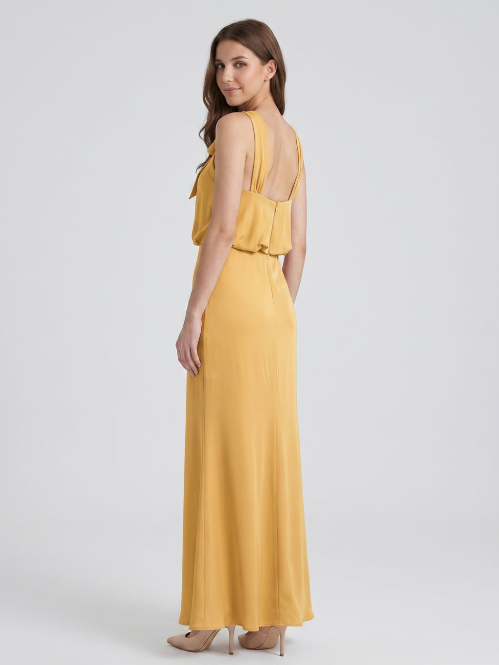 Gold Satin column Halter Floor-Length Bridesmaid Dress with Bow