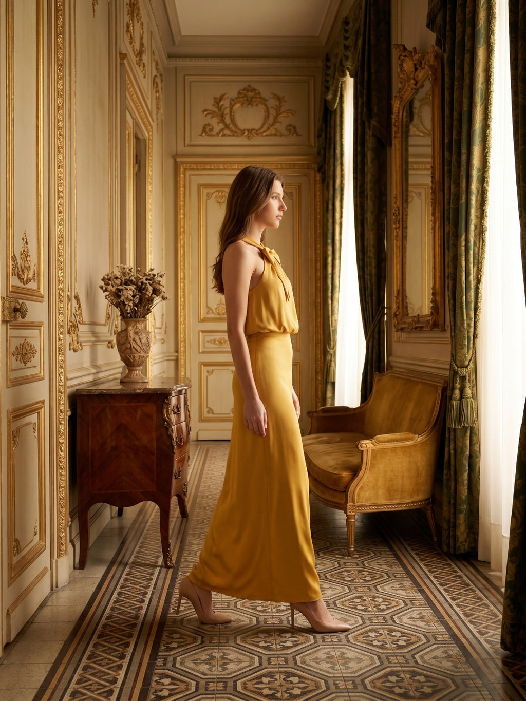 Gold Satin column Halter Floor-Length Bridesmaid Dress with Bow