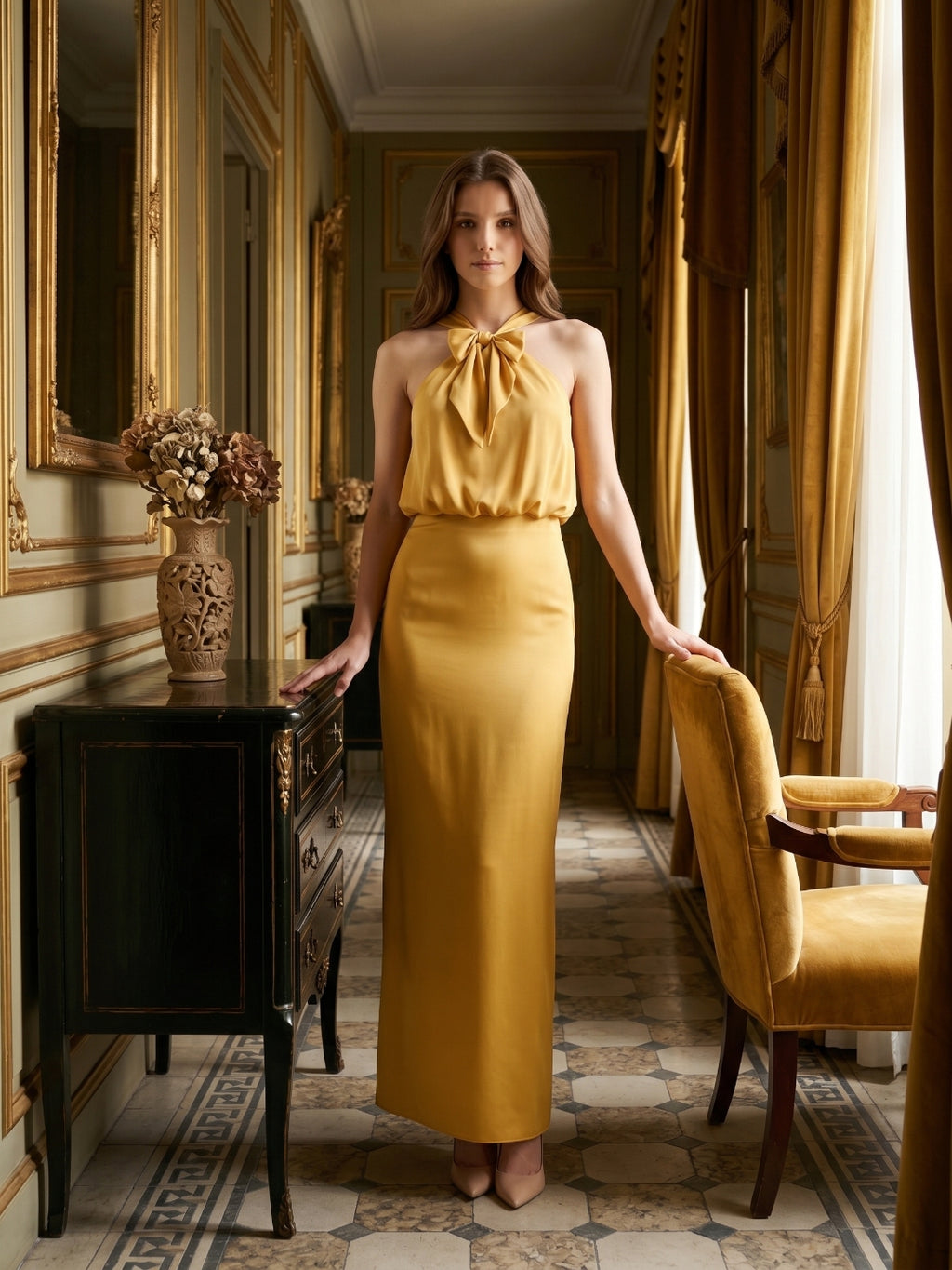 Gold Satin column Halter Floor-Length Bridesmaid Dress with Bow