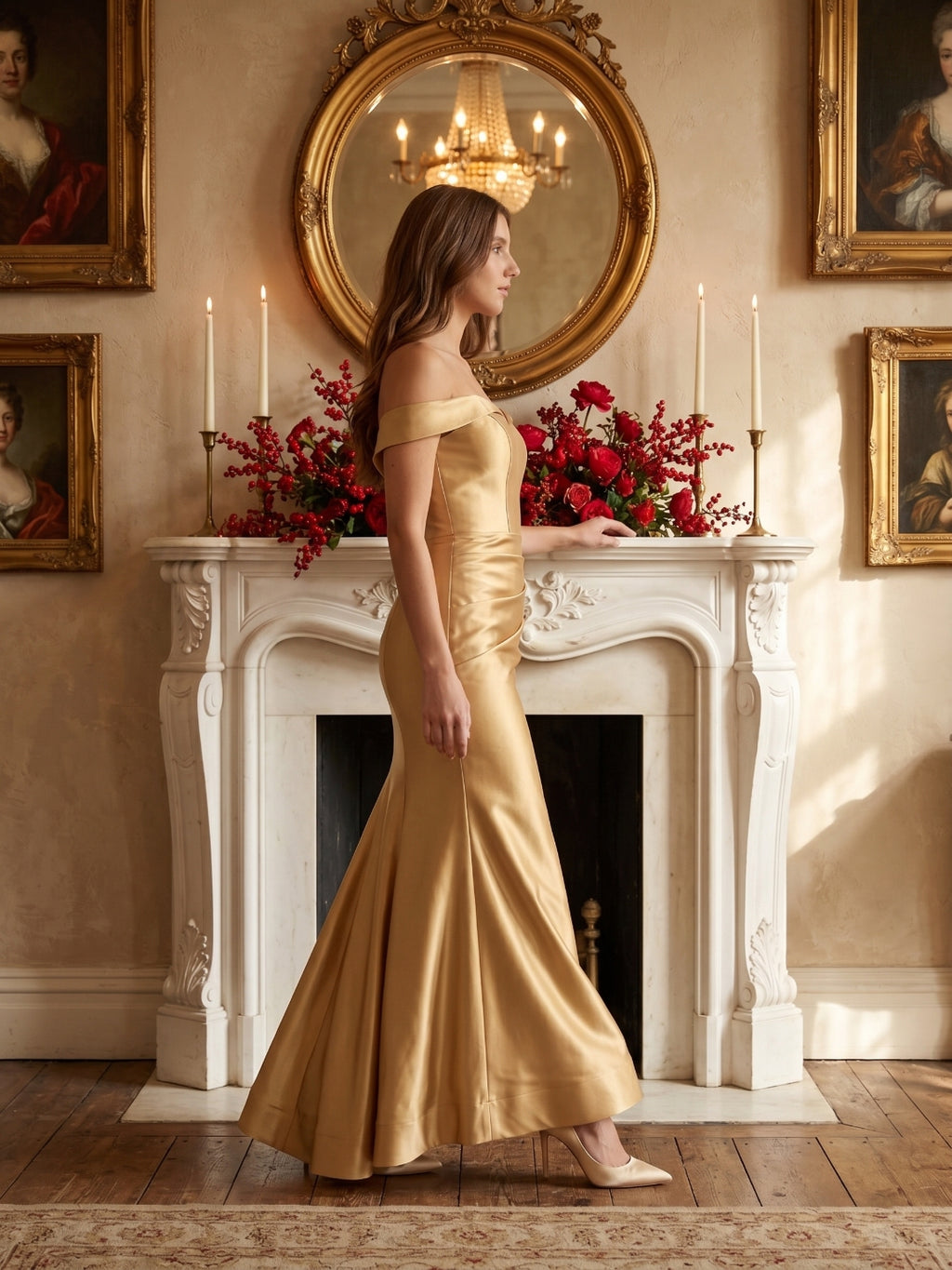 Gold Satin column Off-the-Shoulder Corset Back Floor-Length Bridesmaid Dress