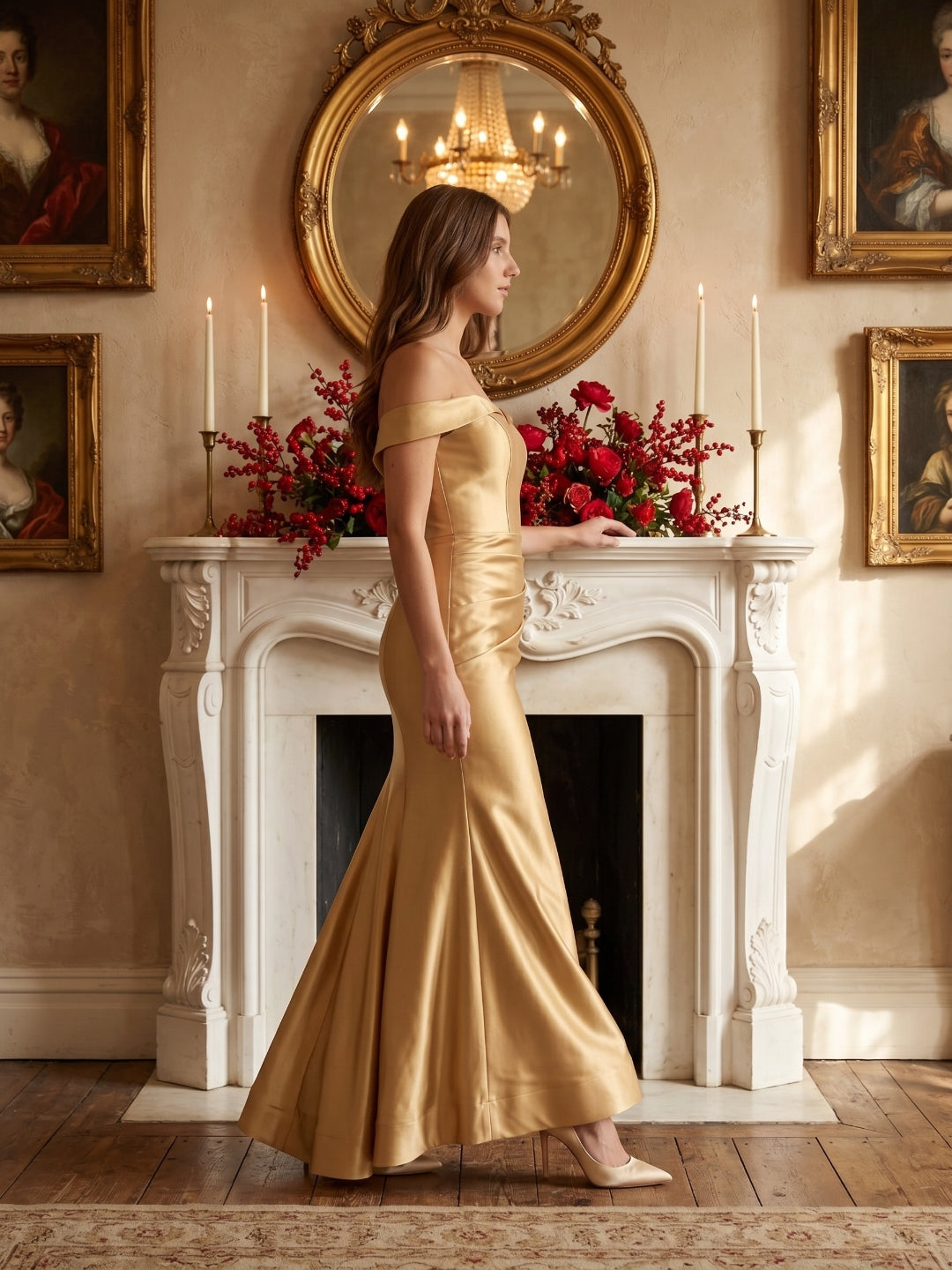 Gold Satin column Off-the-Shoulder Corset Back Floor-Length Bridesmaid Dress
