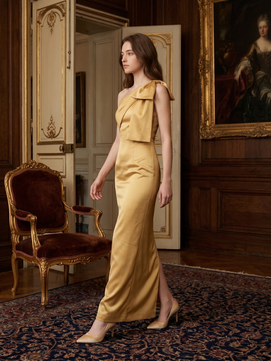 Gold Satin column One-Shoulder Side-Zip Floor-Length Bridesmaid Dress with Bow