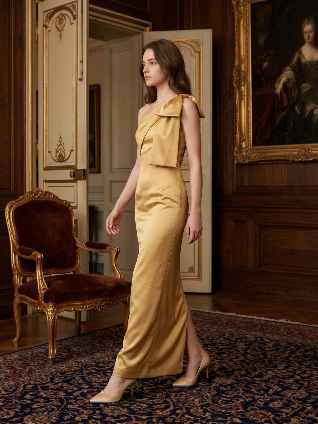 Gold Satin column One-Shoulder Side-Zip Floor-Length Bridesmaid Dress with Bow