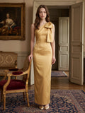 Gold Satin column One-Shoulder Side-Zip Floor-Length Bridesmaid Dress with Bow