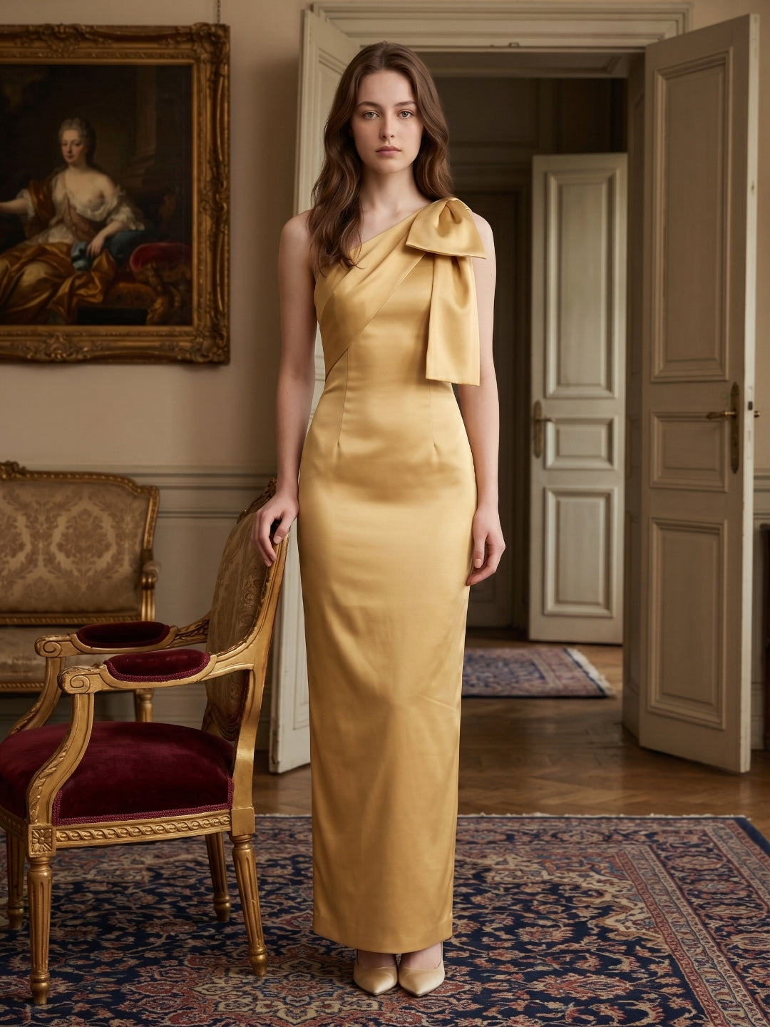 Gold Satin column One-Shoulder Side-Zip Floor-Length Bridesmaid Dress with Bow