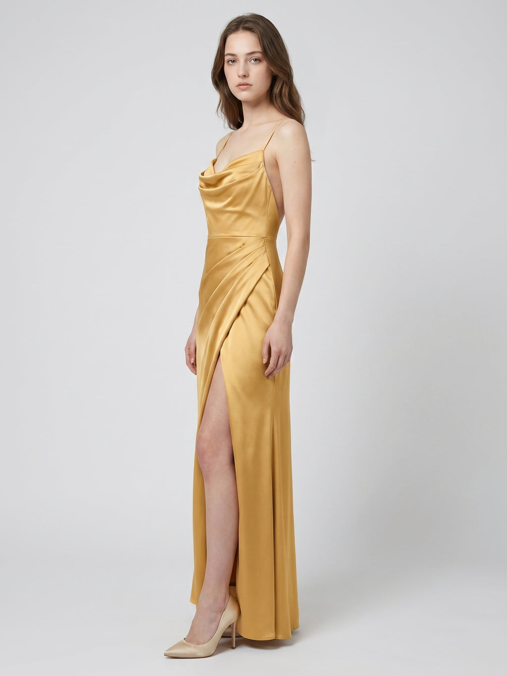 Gold Satin column Square Neck Floor-Length Bridesmaid Dress