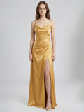 Gold Satin column Square Neck Floor-Length Bridesmaid Dress