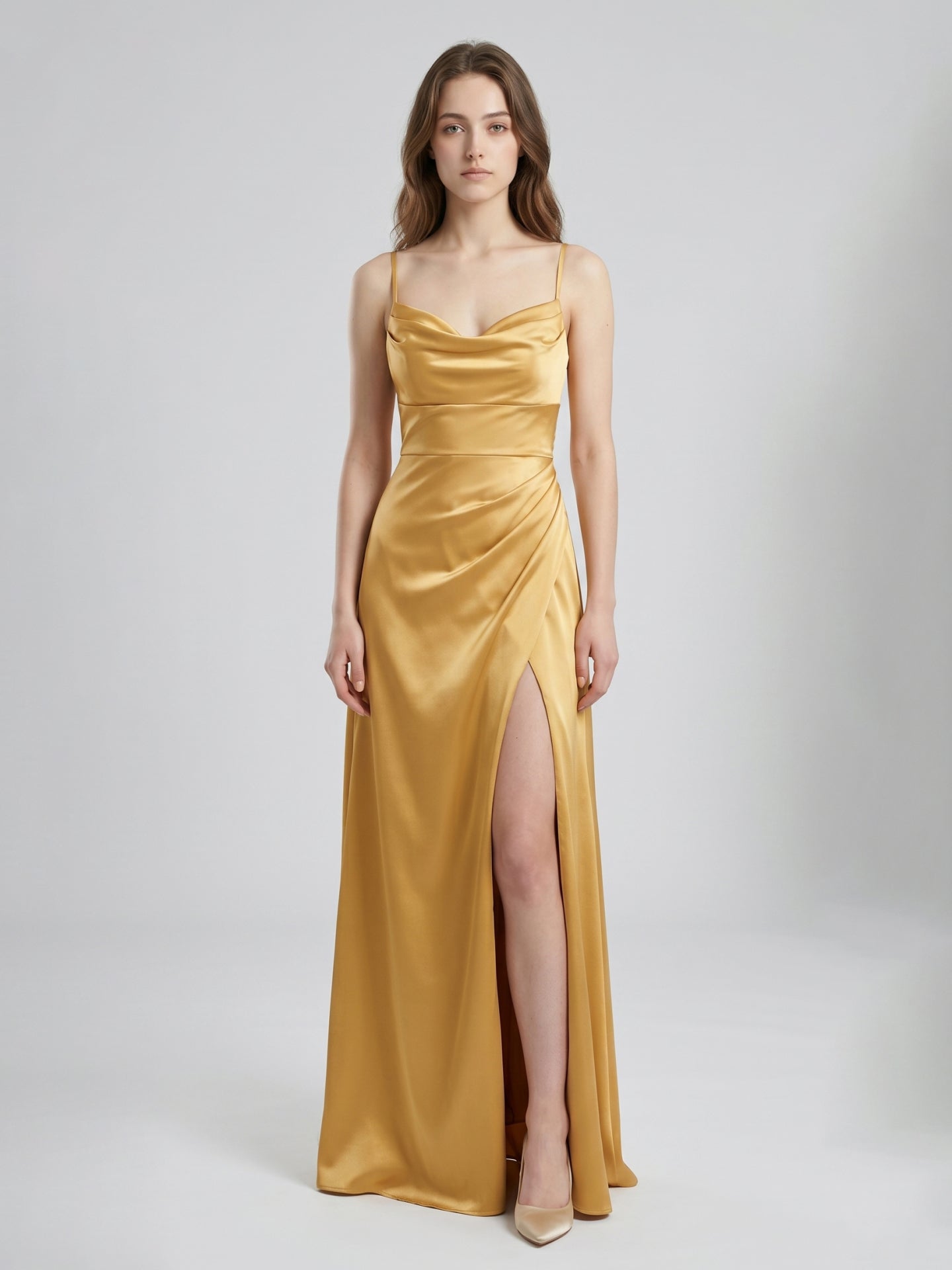 Gold Satin column Square Neck Floor-Length Bridesmaid Dress