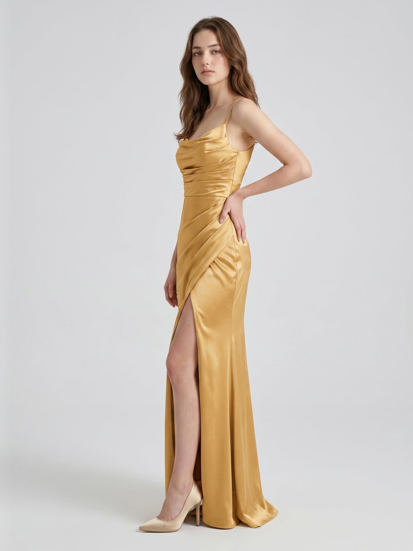 Gold Satin column Square Neck Floor-Length Bridesmaid Dress