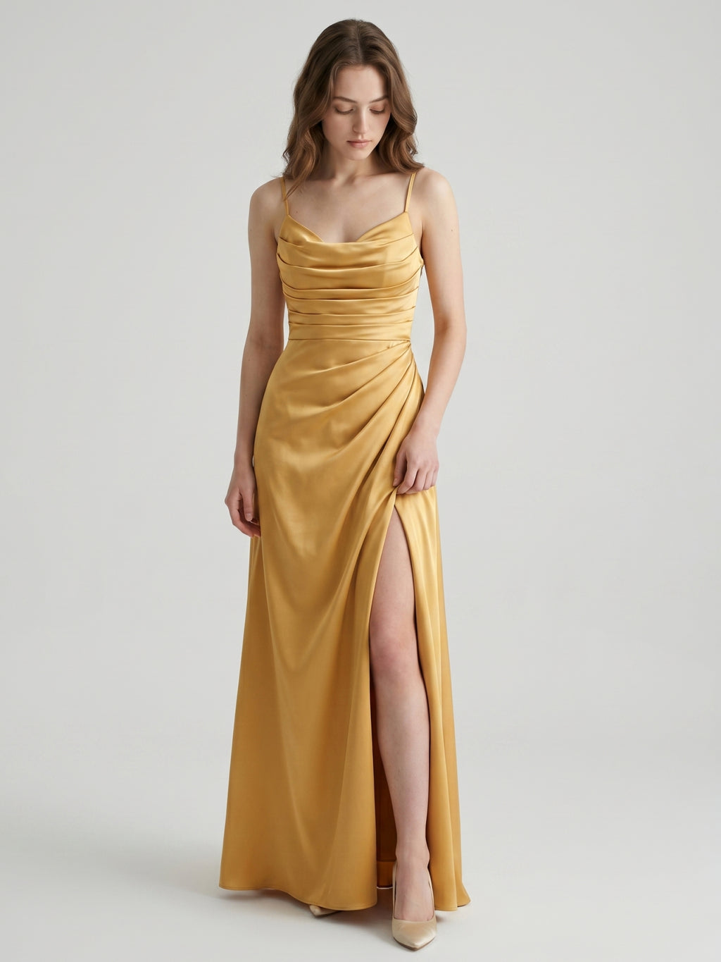 Gold Satin column Square Neck Floor-Length Bridesmaid Dress