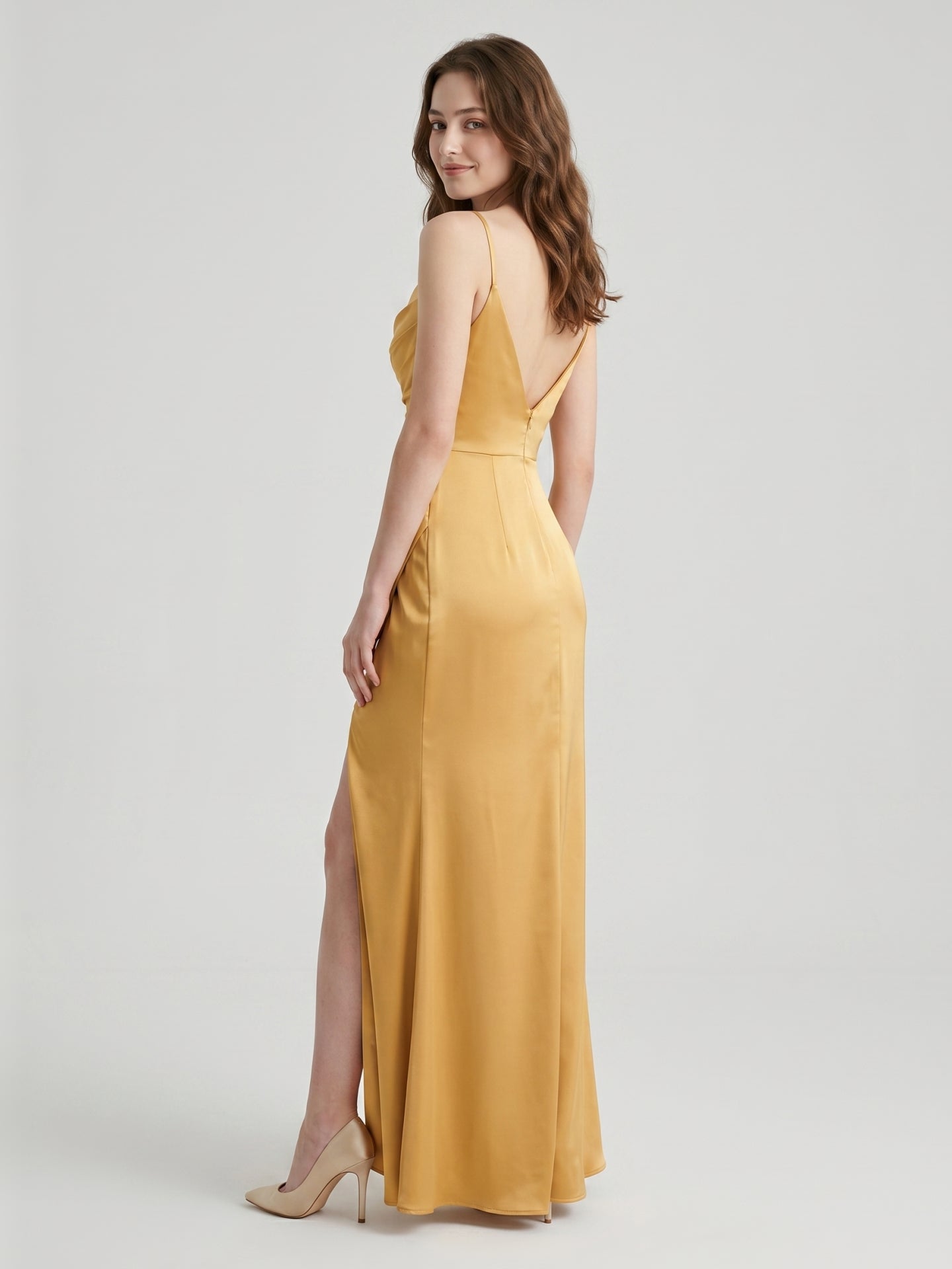 Gold Satin column Square Neck Floor-Length Bridesmaid Dress