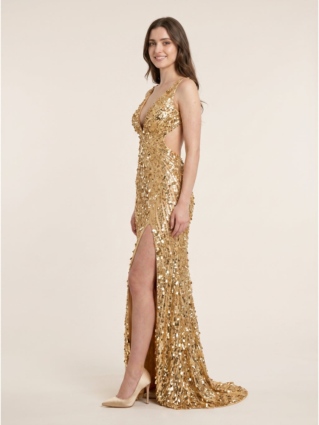 Gold Sequin Mermaid V-Neck Backless Floor-Length Prom Dress with Beading