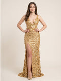 Gold Sequin Mermaid V-Neck Backless Floor-Length Prom Dress with Beading