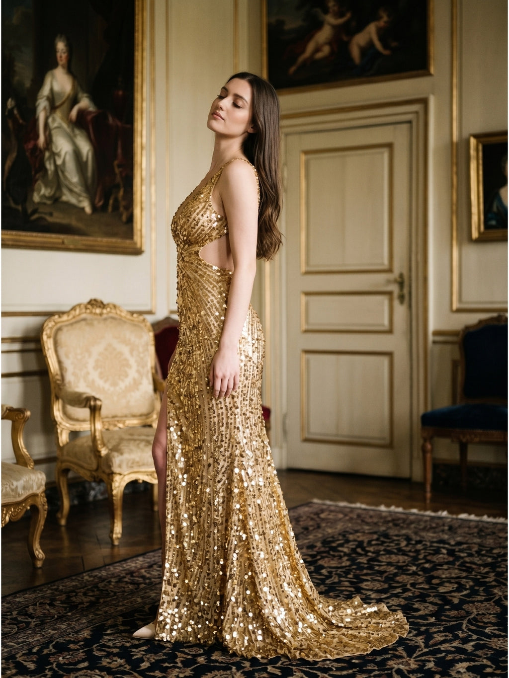 Gold Sequin Mermaid V-Neck Backless Floor-Length Prom Dress with Beading