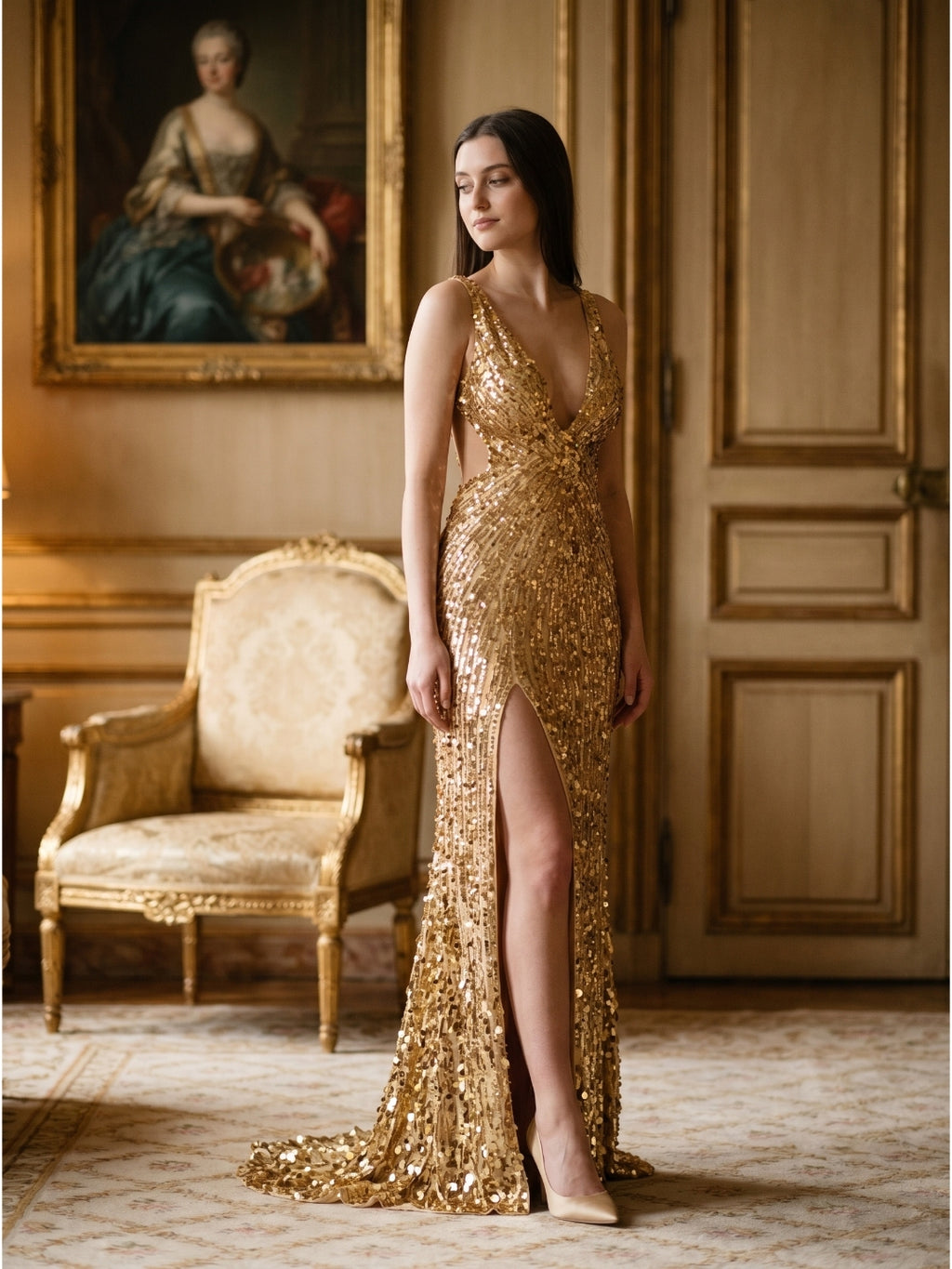 Gold Sequin Mermaid V-Neck Backless Floor-Length Prom Dress with Beading