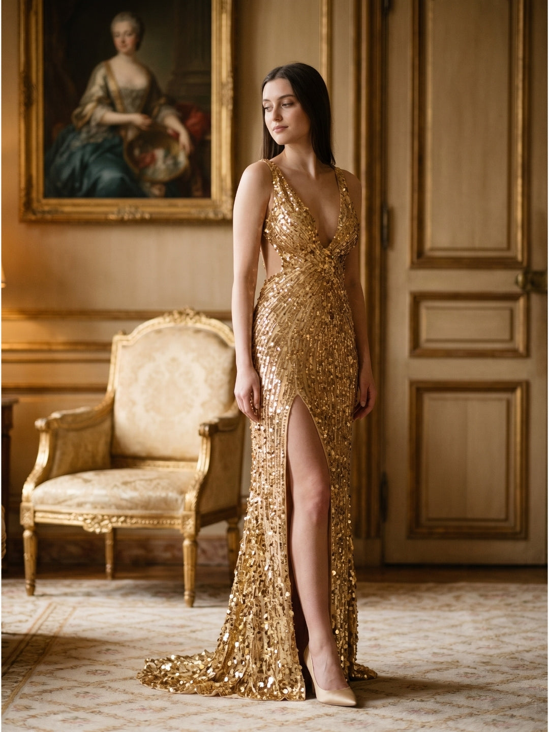 Gold Sequin Mermaid V-Neck Backless Floor-Length Prom Dress with Beading