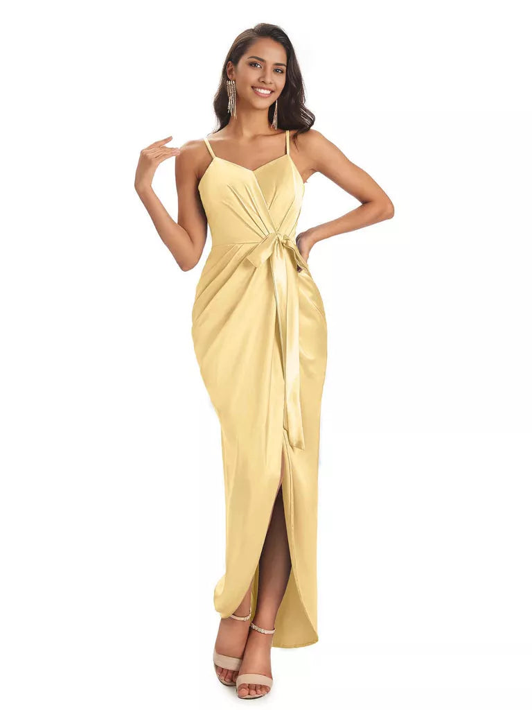 High Low Spaghetti Straps V-neck Mermaid Asymmetrical Soft Satin Bridesmaid Dresses