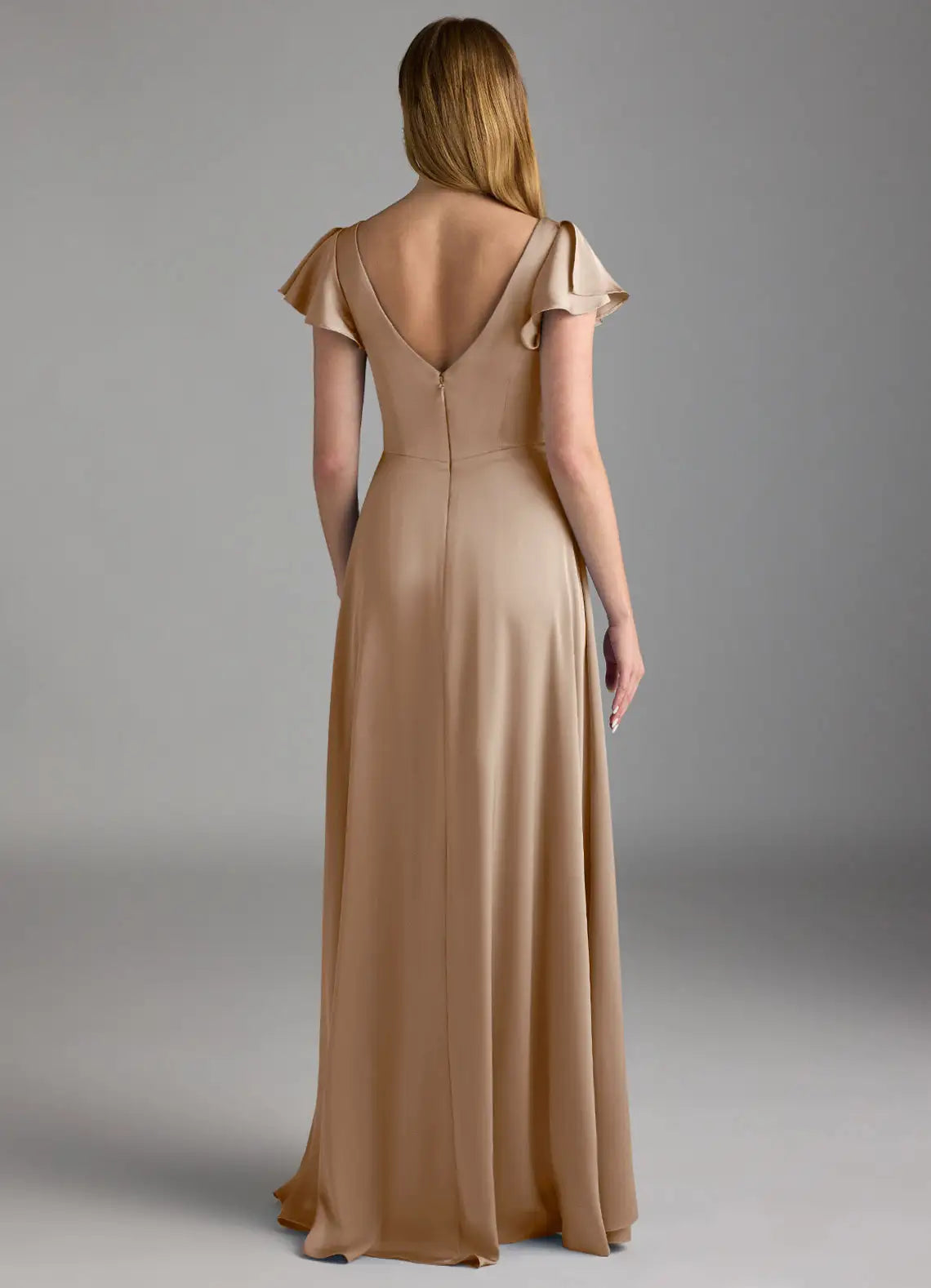 Graceful A-Line V Neck Ruffle Short Sleeve V Back Floor Length Bridesmaid Dress