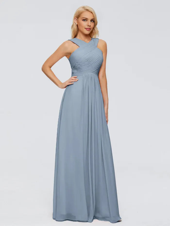 Graceful A-line Cross Straps Sleeveless Chiffon Pleated Floor Length Bridesmaid Dress