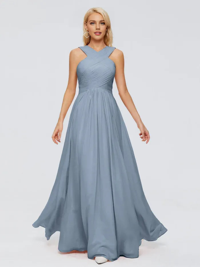 Graceful A-line Cross Straps Sleeveless Chiffon Pleated Floor Length Bridesmaid Dress