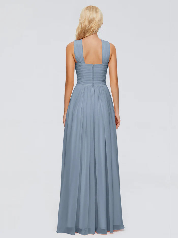 Graceful A-line Cross Straps Sleeveless Chiffon Pleated Floor Length Bridesmaid Dress