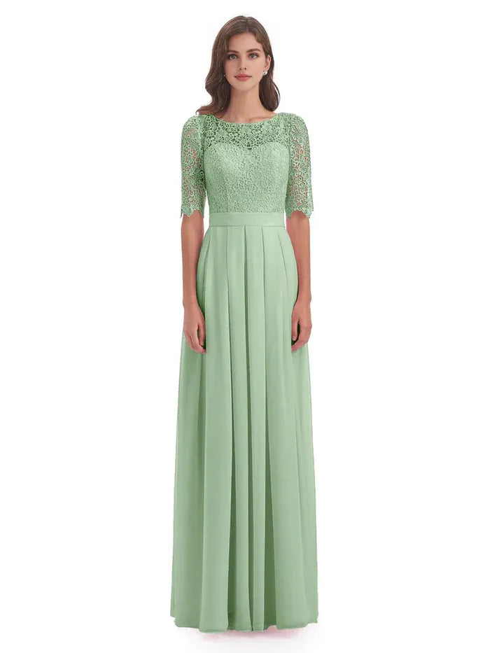 Graceful A-line Illussion Neck Half Sleeves Chiffon Lace Floor Length Bridesmaid Dress