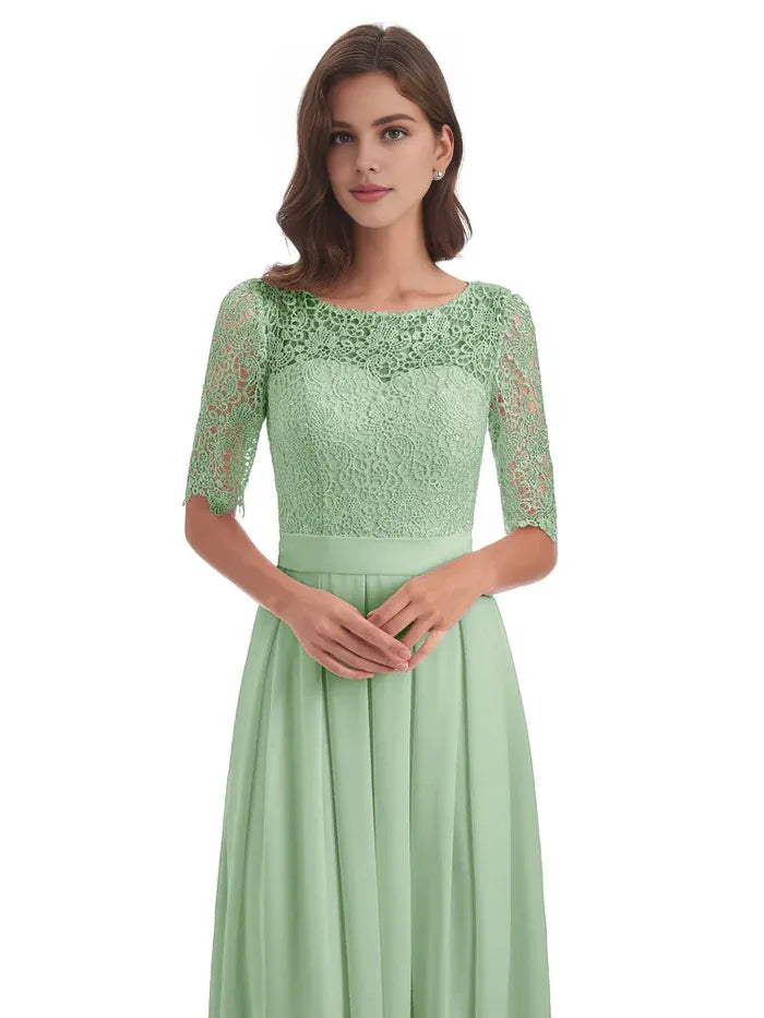 Graceful A-line Illussion Neck Half Sleeves Chiffon Lace Floor Length Bridesmaid Dress