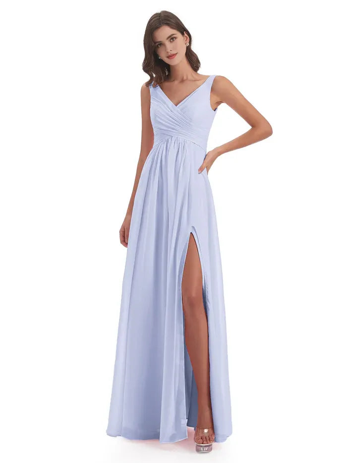 Graceful A-line V Neck Sleeveless Pleated Chiffon Floor Length Bridesmaid Dress