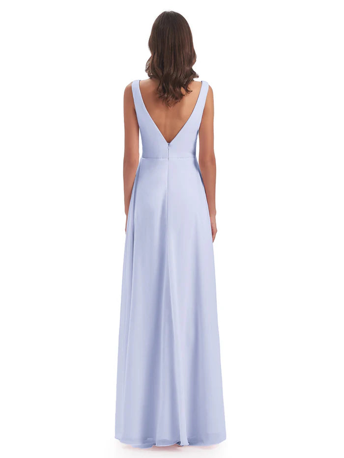 Graceful A-line V Neck Sleeveless Pleated Chiffon Floor Length Bridesmaid Dress