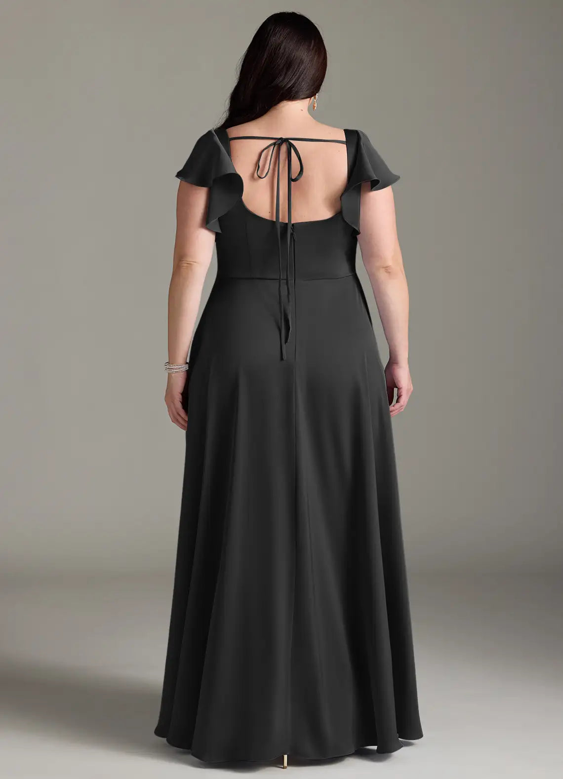 Graceful Bridesmaid Dress with Ruffled Flutter Sleeves, Square Neckline and Tie-Back