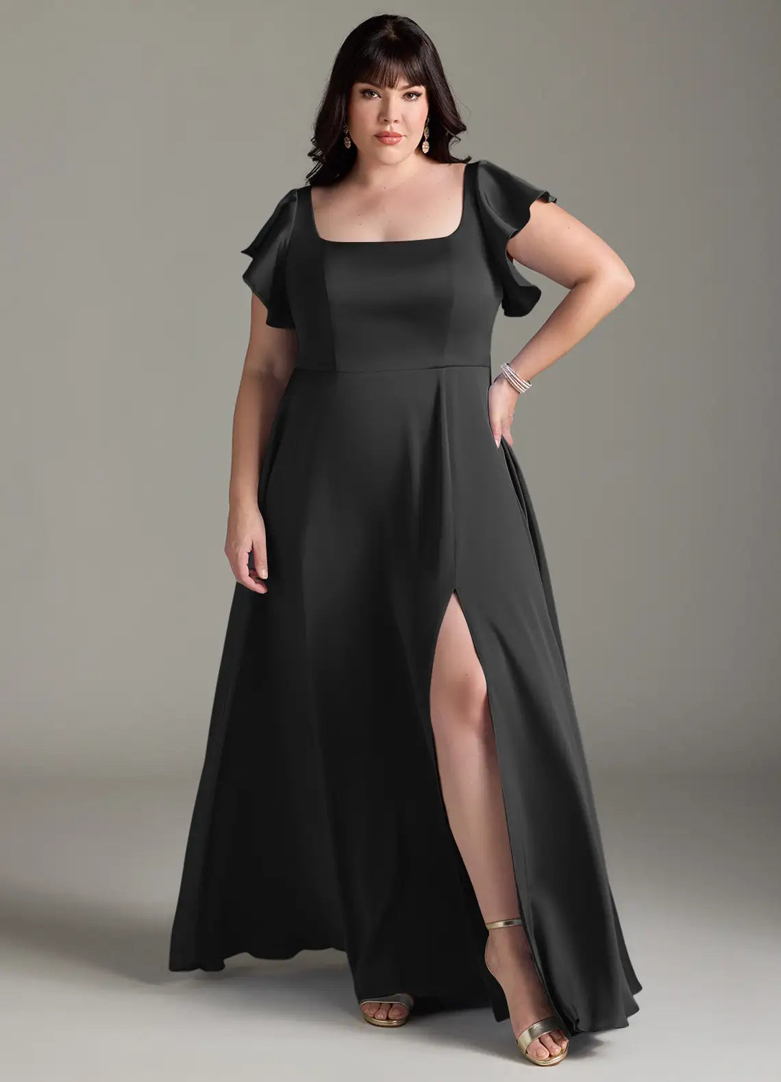 Graceful Bridesmaid Dress with Ruffled Flutter Sleeves, Square Neckline and Tie-Back