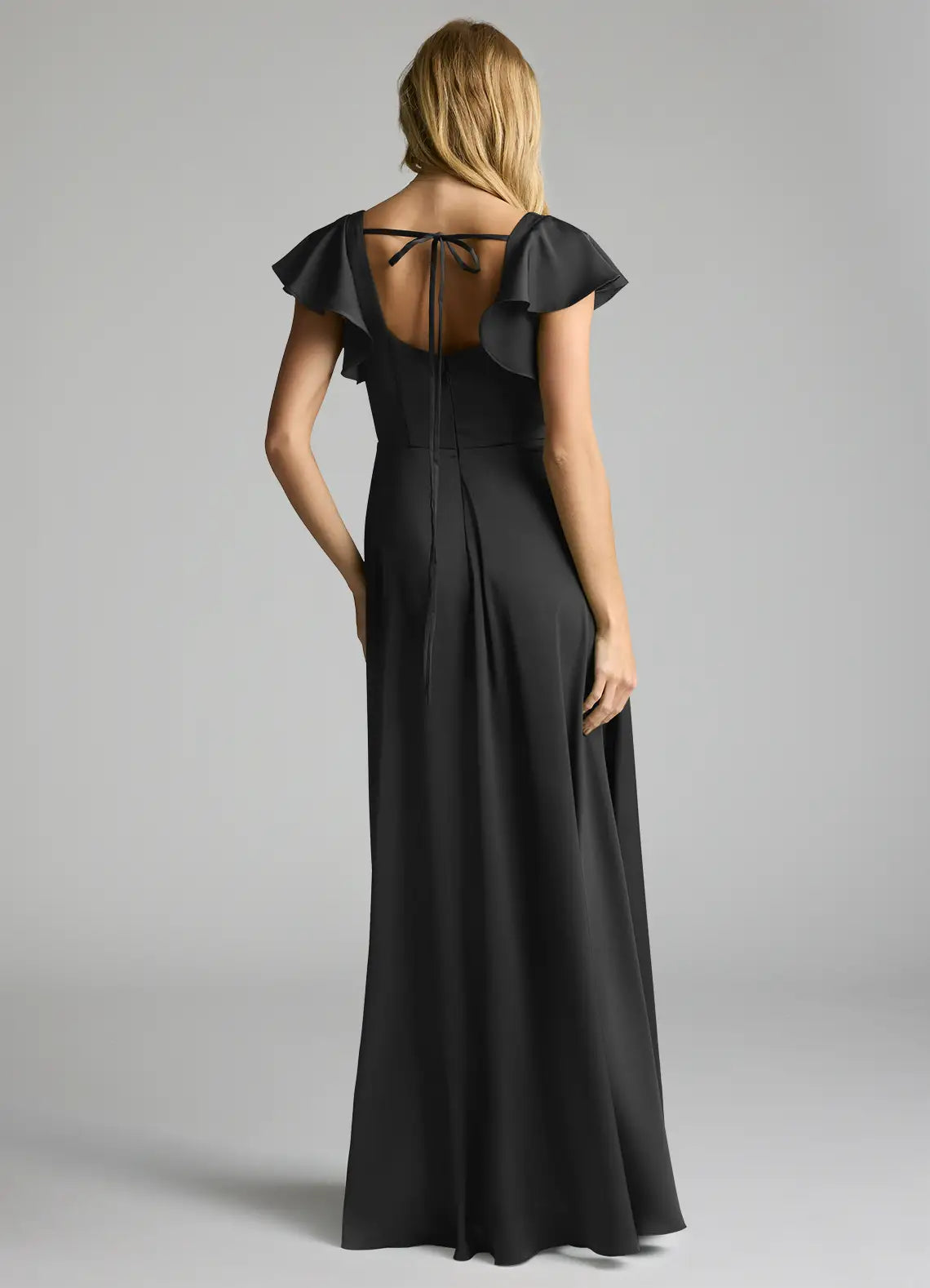 Graceful Bridesmaid Dress with Ruffled Flutter Sleeves, Square Neckline and Tie-Back