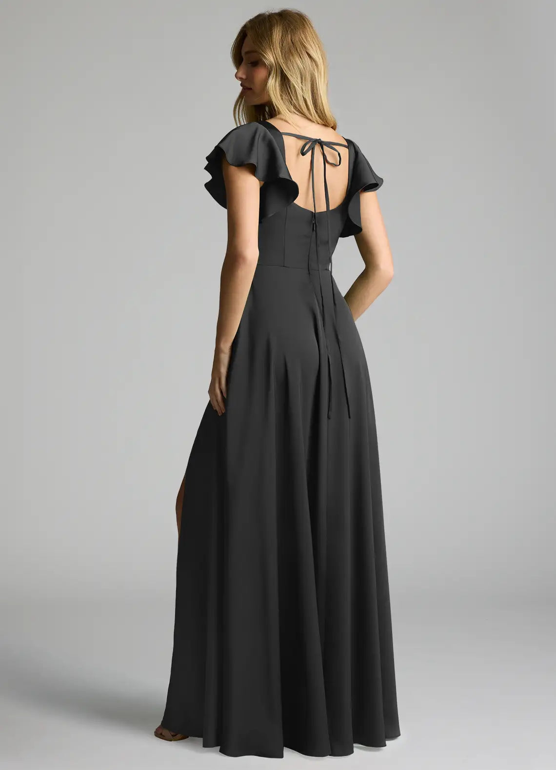 Graceful Bridesmaid Dress with Ruffled Flutter Sleeves, Square Neckline and Tie-Back
