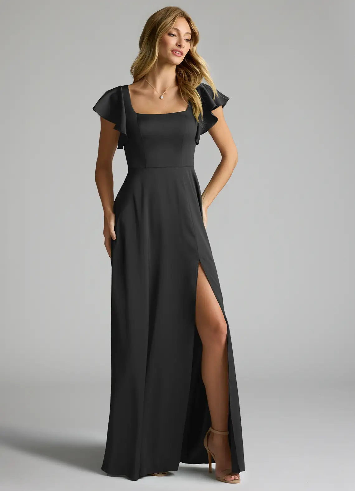 Graceful Bridesmaid Dress with Ruffled Flutter Sleeves, Square Neckline and Tie-Back