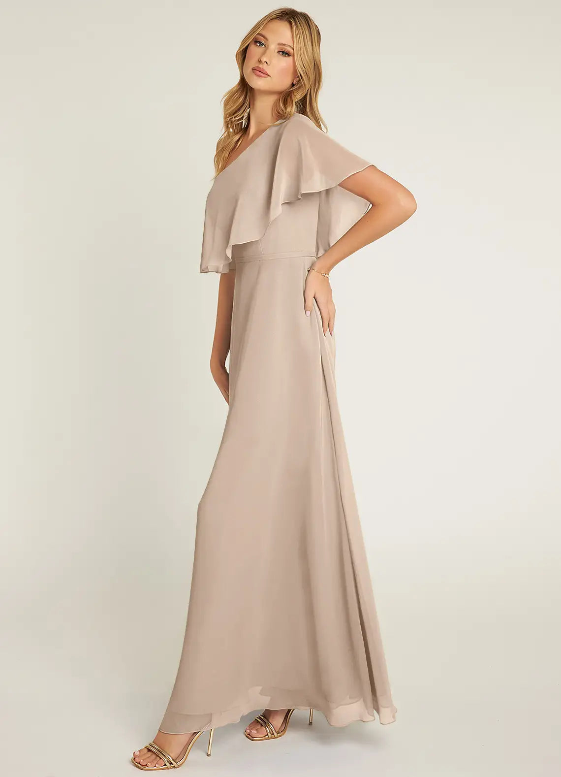 Graceful Chiffon A-Line One-Shoulder Capelet Sleeve Open-Back Floor-Length Bridesmaid Dress